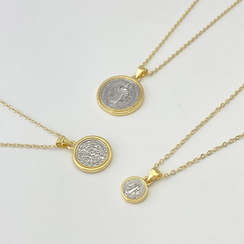 Vintage St Benedict Medal Pendant Necklace For Women Copper Two Tone Saint Benedict Coin Portrait Religious Jewelry Gift