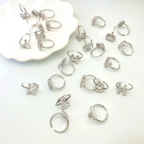 Fashion Gold Silver Plated Copper Cubic Zirconia Initial Letter A-Z Open Adjustable Finger Rings For Women Jewelry Gift