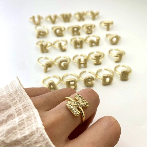 Fashion Gold Silver Plated Copper Cubic Zirconia Initial Letter A-Z Open Adjustable Finger Rings For Women Jewelry Gift