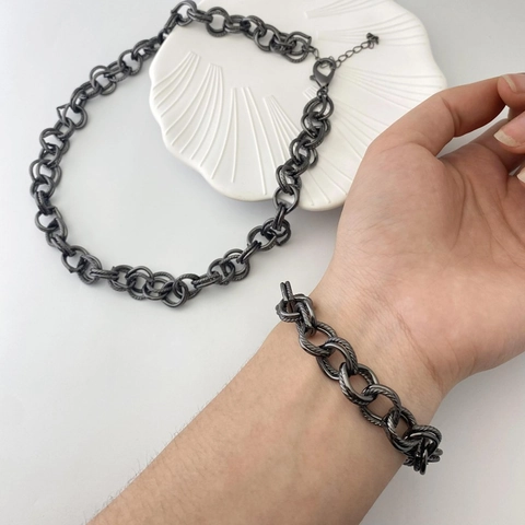 Vintage Industrial Style Copper Chunky Link Chain Necklace And Bracelet Gunmetal Black Silver Texture Jewelry For Unisex