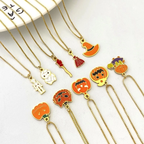 Halloween Stainless Steel Necklace 18K Gold Plated Enamel Pumpkin Ghost Skull Mummy Witch Hat Pendant Box Chain Jewelry