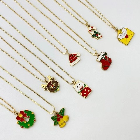 Stainless Steel Christmas Necklace Gold Box Chain Enamel Snowflake Santa Tree Pendant Necklace For Women Festive Party Gift Jewelry