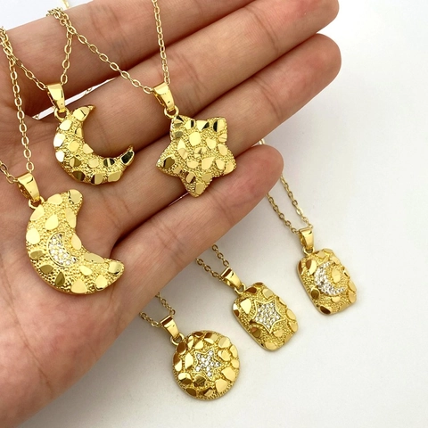 18K Gold Plated Copper Necklace Star Moon Nugget Texture Pendant Necklace With Micro Pave Zirconia Fashion Jewelry Gift For Women