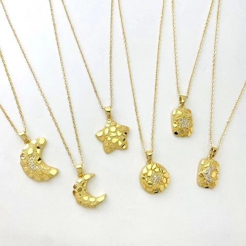 18K Gold Plated Copper Necklace Star Moon Nugget Texture Pendant Necklace With Micro Pave Zirconia Fashion Jewelry Gift For Women