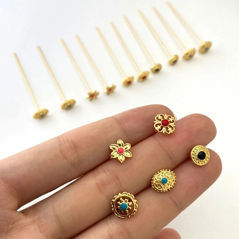 Chiodini a T in Rame Placcato Oro 18K a Forma di Fiore Smalto Testa Piatta per Gioielli Fai-da-te Accessori Vintage a Disco