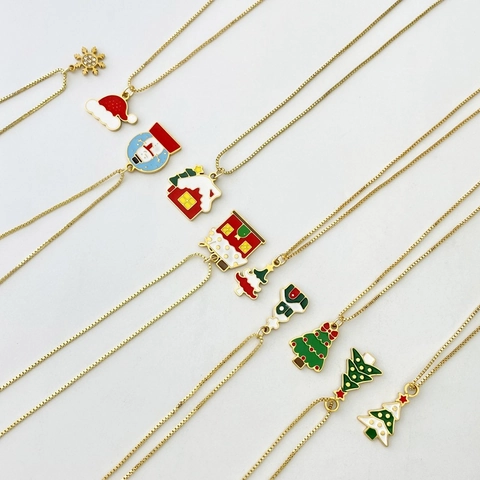 Stainless Steel Christmas Necklace Gold Box Chain Enamel Snowflake Santa Tree Pendant Necklace For Women Festive Party Gift Jewelry