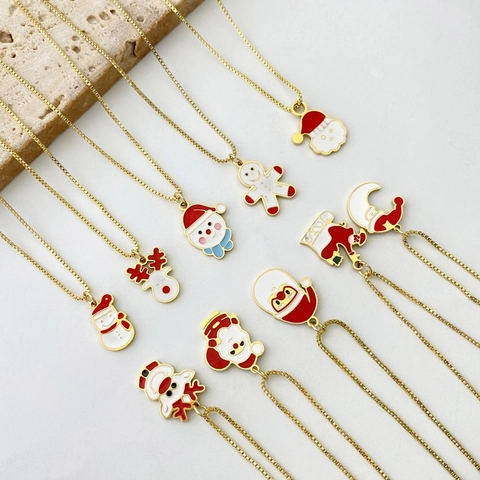 Stainless Steel Christmas Necklace For Women Enamel Santa Claus Snowman Reindeer Gift Box Pendant Necklace Holiday Jewelry Gift