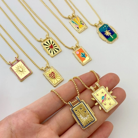 Collier Pendentif Œil Maléfique Tarot Vintage pour Femme Plaqué Or 18K Cuivre Émail Zirconia Incrusté Bijoux