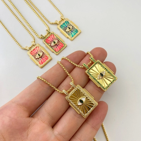 Collier Pendentif Œil Maléfique Tarot Vintage pour Femme Plaqué Or 18K Cuivre Émail Zirconia Incrusté Bijoux