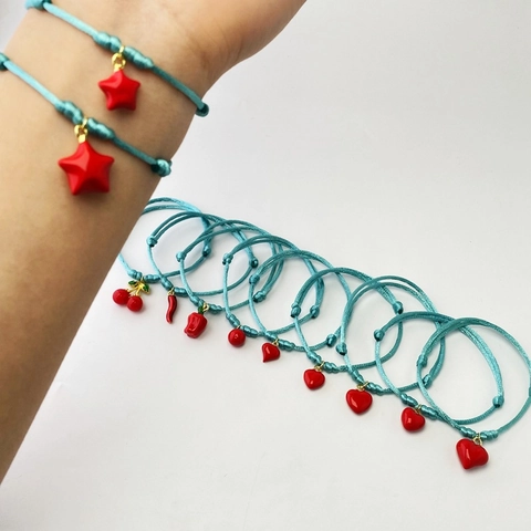 Handmade Woven Cord Bracelet With Red Enamel Heart Star Chili Cherry Charms Adjustable Simple Fashion Jewelry Gift For Women