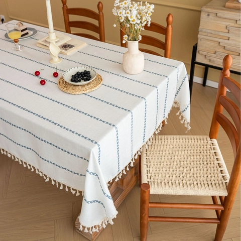 Nordic Style Rectangular Polyester Tablecloth With Fringe Tassels Embroidered Geometric Pattern Washable Dining Table Cover