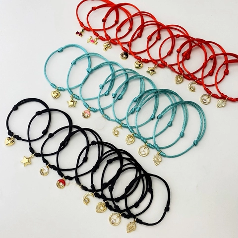 Minimalist Braided Rope Bracelet Heart Star Moon Leaf Zirconia Pendant Adjustable String Bracelet For Women Fashion Jewelry