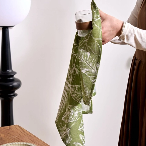 Französisch Rustikal Baumwollmischung Stoffserviette Bedruckt Grün Ahornblatt Blumenmuster Quadratisch Serviette Für Esstisch Deko