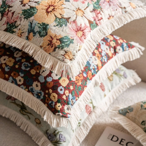 Vintage Jacquard Floral Throw Pillow Cover With Tassels American Style Decorative Cushion Case For Sofa Living Room Home Decor