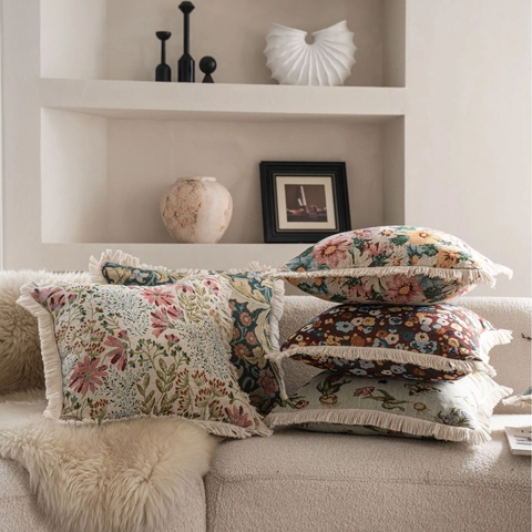 Vintage Jacquard Floral Throw Pillow Cover With Tassels American Style Decorative Cushion Case For Sofa Living Room Home Decor
