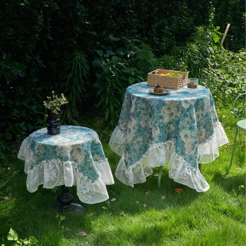 Jacquard Floral Round Tablecloth With Ruffled Lace Edge Polyester Cotton Blend European Pastoral Table Cloth Home Decor