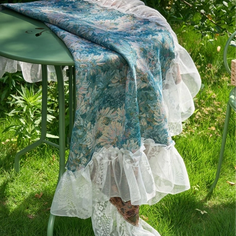 Jacquard Floral Round Tablecloth With Ruffled Lace Edge Polyester Cotton Blend European Pastoral Table Cloth Home Decor