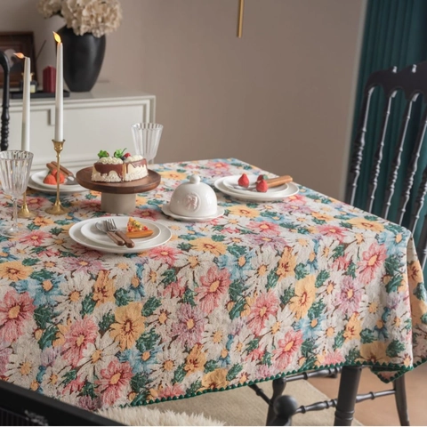 Mantel Jacquard Floral Retro Francés Con Borde Bordado de Ondas Mezcla de Poliéster y Algodón Cubierta de Mesa