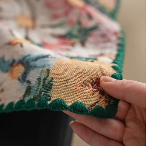 Mantel Jacquard Floral Retro Francés Con Borde Bordado de Ondas Mezcla de Poliéster y Algodón Cubierta de Mesa