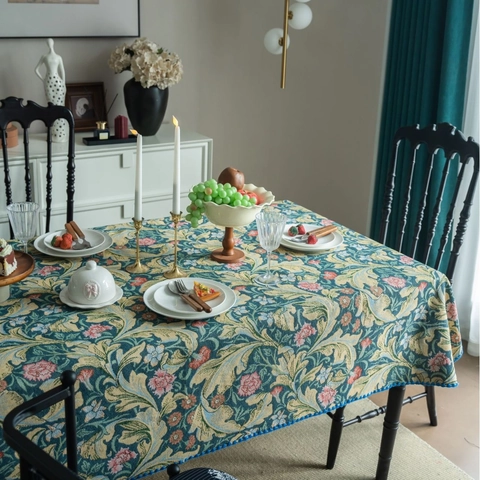 French Retro Jacquard Tablecloth Botanical Floral Pattern Scalloped Shell Edge Polyester Blend Rectangular Dining Tablecloth