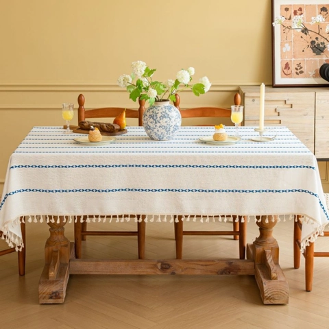 Rectangular Embroidered Tablecloth With Tassels Geometric Striped Polyester Table Cover For Kitchen Dining Home Decor
