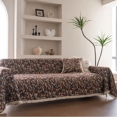Pastoral Vintage Jacquard Floral Sofa Cover Thickened Polyester Cotton Woven Blanket With Tassels Anti-Scratch Sofa Throw For Living Room Home Decor