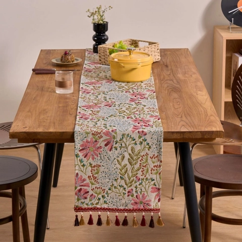 French Pastoral Cotton Blend Jacquard Table Runner With Tassels Pink Floral Botanical Pattern Decorative Tablecloth For Home Dining Table Decor