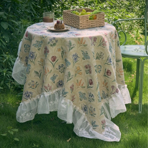 Franse Vintage Jacquard Tafelkleed Met Kant Ruches Rand Bloemenpatroon Polyester Katoen Mix Tafelkleed Voor Huisdecoratie