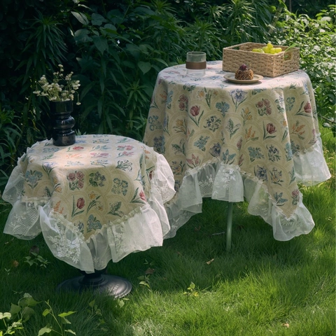 Franse Vintage Jacquard Tafelkleed Met Kant Ruches Rand Bloemenpatroon Polyester Katoen Mix Tafelkleed Voor Huisdecoratie