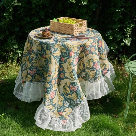Vintage Jacquard Bloemen Tafelkleed Rond Rechthoek Met Witte Kanten Ruches Rand Polyester Katoen Voor Dineren Feest