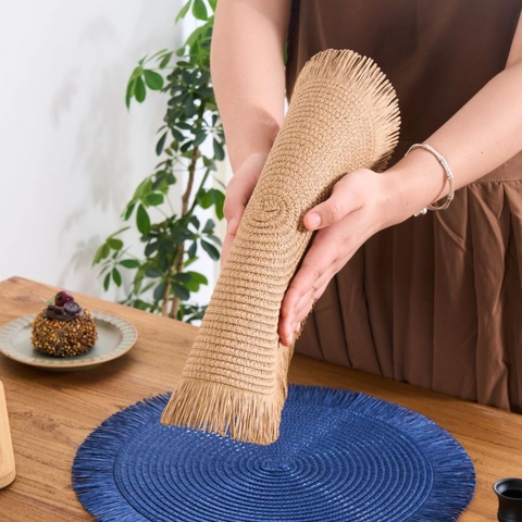 Round Woven Placemat With Tassel Edge Paper Braided Dining Table Mat Heat Insulated Boho Style Home Restaurant Decor