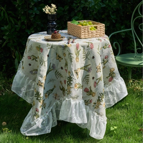 Vintage Floral Jacquard Tablecloth With Ruffled Lace Border French Pastoral Style Cotton Blend Table Cover For Dining Room Picnic Outdoor Party Decor