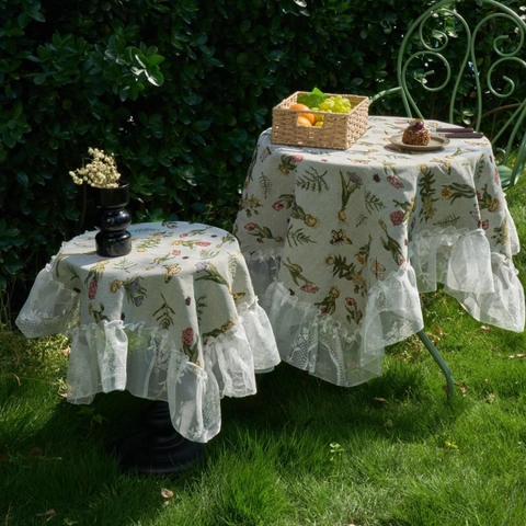 Vintage Floral Jacquard Tablecloth With Ruffled Lace Border French Pastoral Style Cotton Blend Table Cover For Dining Room Picnic Outdoor Party Decor