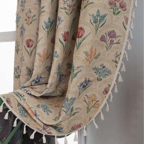 European Classical Jacquard Floral Curtain Polyester Cotton Fringed Tassel Semi Shading Window Treatment Vintage Style Decor