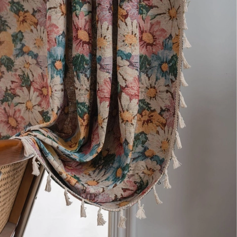 Vintage Jacquard Floral Door Curtain Polyester Cotton French Pastoral Tassel Decorative Tapestry For Living Room Home Decor