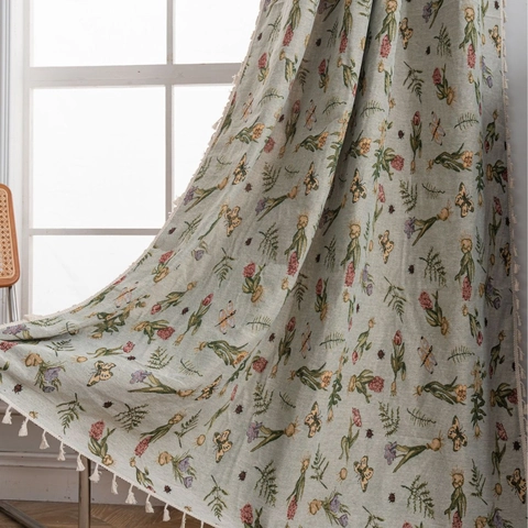 Vintage Jacquard Bloemen Gordijnen Met Kwasten Polyester Katoen Semi Verduisterende Gordijnen Voor Woonkamer Slaapkamer