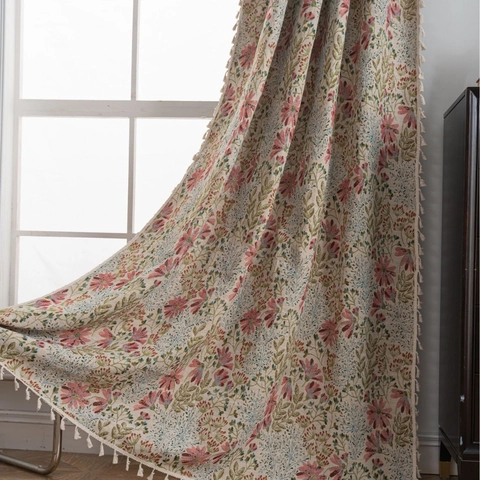 French Vintage Floral Jacquard Curtains With Tassels Semi-Blackout Polyester Cotton Window Treatments For Bedroom Decor