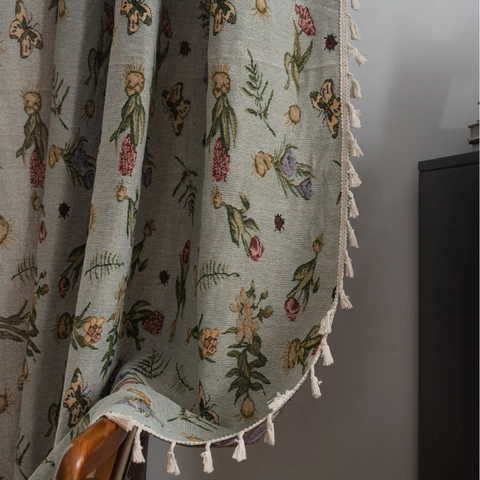 Vintage Jacquard Bloemen Gordijnen Met Kwasten Polyester Katoen Semi Verduisterende Gordijnen Voor Woonkamer Slaapkamer