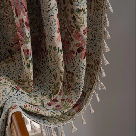 French Vintage Floral Jacquard Curtains With Tassels Semi-Blackout Polyester Cotton Window Treatments For Bedroom Decor