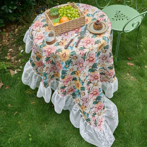 Jacquard Bloemen Tafelkleed Met Witte Kant Ruches Polyester Katoen Europees Pastoraal Tafelkleed Voor Huis Tuin Feest