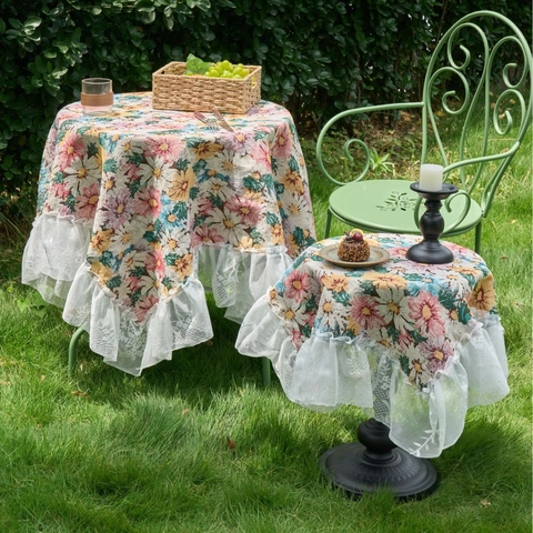 Jacquard Bloemen Tafelkleed Met Witte Kant Ruches Polyester Katoen Europees Pastoraal Tafelkleed Voor Huis Tuin Feest