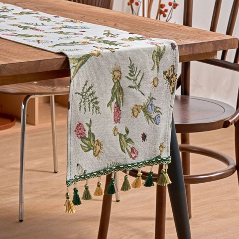 European Vintage Floral Jacquard Table Runner With Tassels Cotton Polyester Blend Heat Resistant Washable Home Table Decor