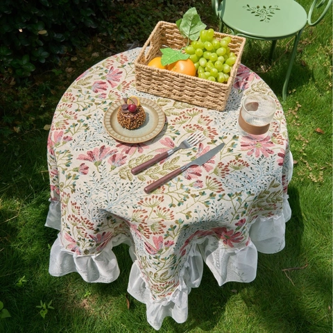 Pastoral Jacquard Floral Round Tablecloth French Vintage Ruffled Lace Edge Decorative Dustproof Table Cover For Home Picnic Outdoor Dining