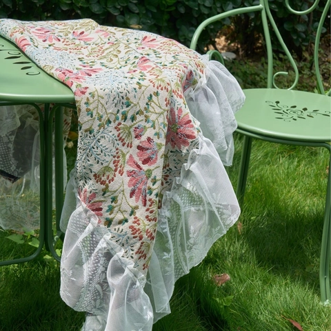 Pastoral Jacquard Floral Round Tablecloth French Vintage Ruffled Lace Edge Decorative Dustproof Table Cover For Home Picnic Outdoor Dining