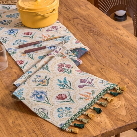Vintage Blumen Jacquard Tischläufer Mit Quasten Polyester Baumwolle Botanisches Muster Für Heim Essen Tisch Couchtisch Dekor