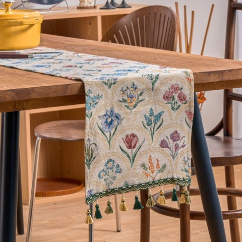 Vintage Blumen Jacquard Tischläufer Mit Quasten Polyester Baumwolle Botanisches Muster Für Heim Essen Tisch Couchtisch Dekor