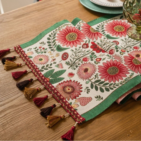 French Country Floral Jacquard Table Runner With Tassels Thick Polyester Cotton Blend Vintage Table Decor For Dining Room