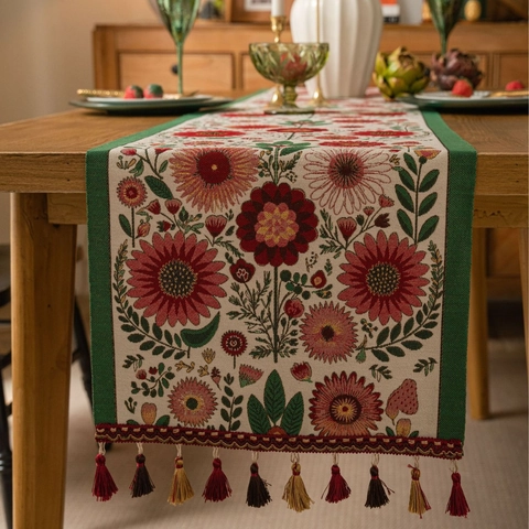 French Country Floral Jacquard Table Runner With Tassels Thick Polyester Cotton Blend Vintage Table Decor For Dining Room