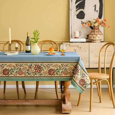 American Vintage Floral Jacquard Rectangular Tablecloth Polyester Cotton Blend Dustproof Decorative Dining Table Cloth For Home
