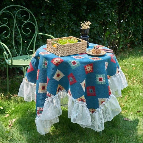 Bohemian Blauw Geometrisch Jacquard Tafelkleed Met Witte Kant Ruffle Rand Polyester Katoen Mix Tafelzeil Voor Eetkamer